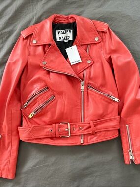 Walter Baker Coral-Red Leather Moto Jacket